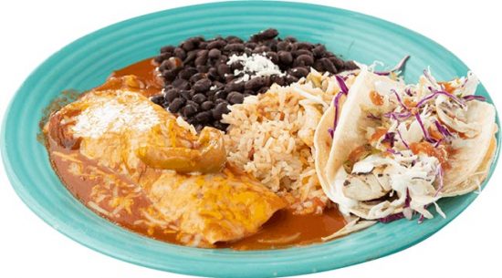 Enchilada with rice, black beans, and one taco.